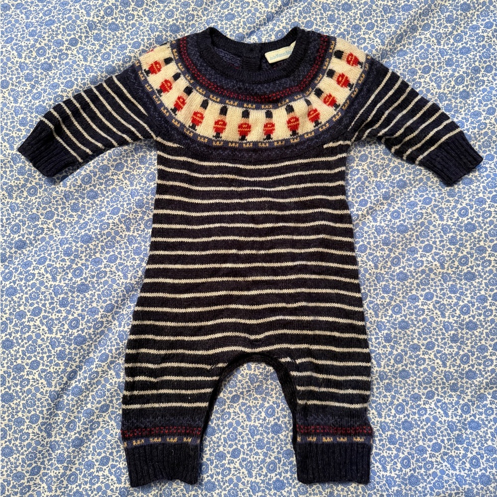 JoJo Maman Bebe Navy and Cream Soldier Striped Baby Footie